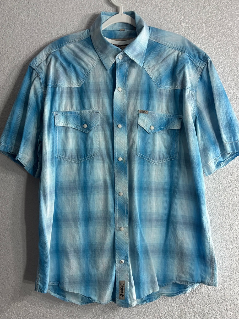 Rafter C Western Light Blue Plaid Short-Sleeve Pearl Snap on Button-Down Shirt L